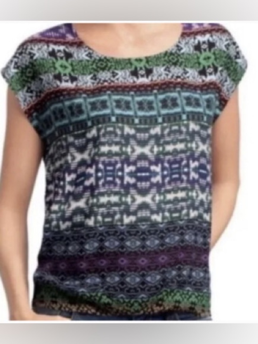 CAbi Multi-Pattern Scoop Neck Top in Green, Blue & Purple